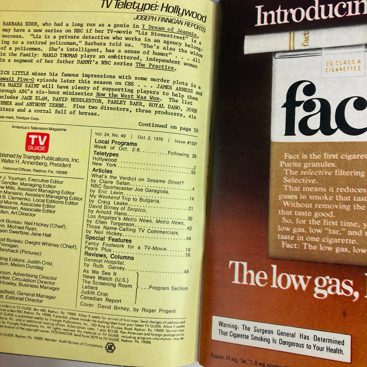 Inside pages of the TV Guide Magazine October 2 1976 Issue #1227, showcasing programming details, feature articles, and advertisements from the 1970s, providing a glimpse into the television culture of that era.