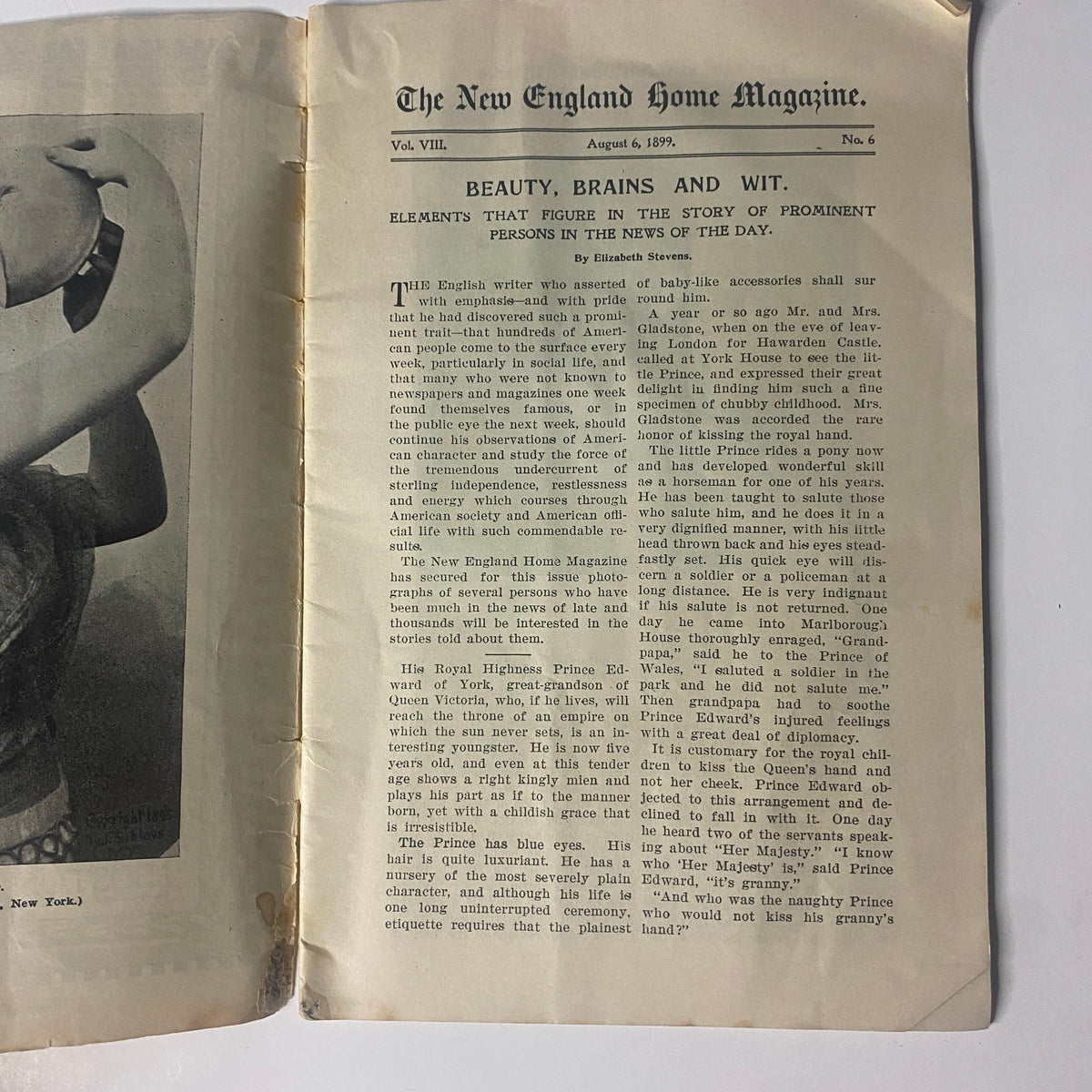 Interior page of The New England Home Magazine from August 6, 1899, titled 'Beauty, Brains and Wit' by Elizabeth Stevens, discussing prominent figures of the time.