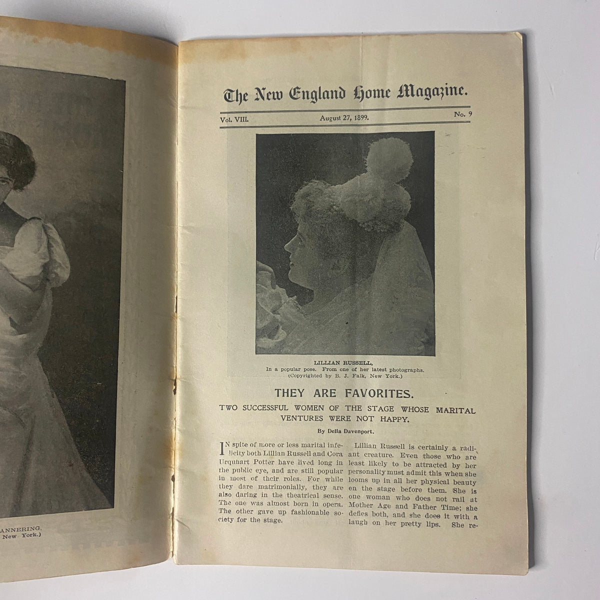 A page from The New England Home Magazine dated August 27, 1899, featuring a profile portrait of Lillian Russell, highlighting her successful stage career. The article discusses two stage women and their marital challenges, exemplifying 19th-century theater and photography.
