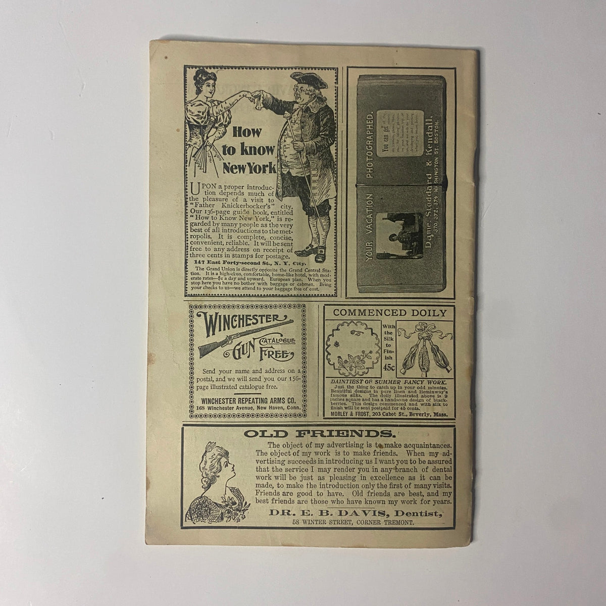 A back page from The New England Home Magazine, August 27, 1899, displaying vintage advertisements including one titled 'How to Know New York' and information about local businesses, reflecting the advertising style of the late 19th century.