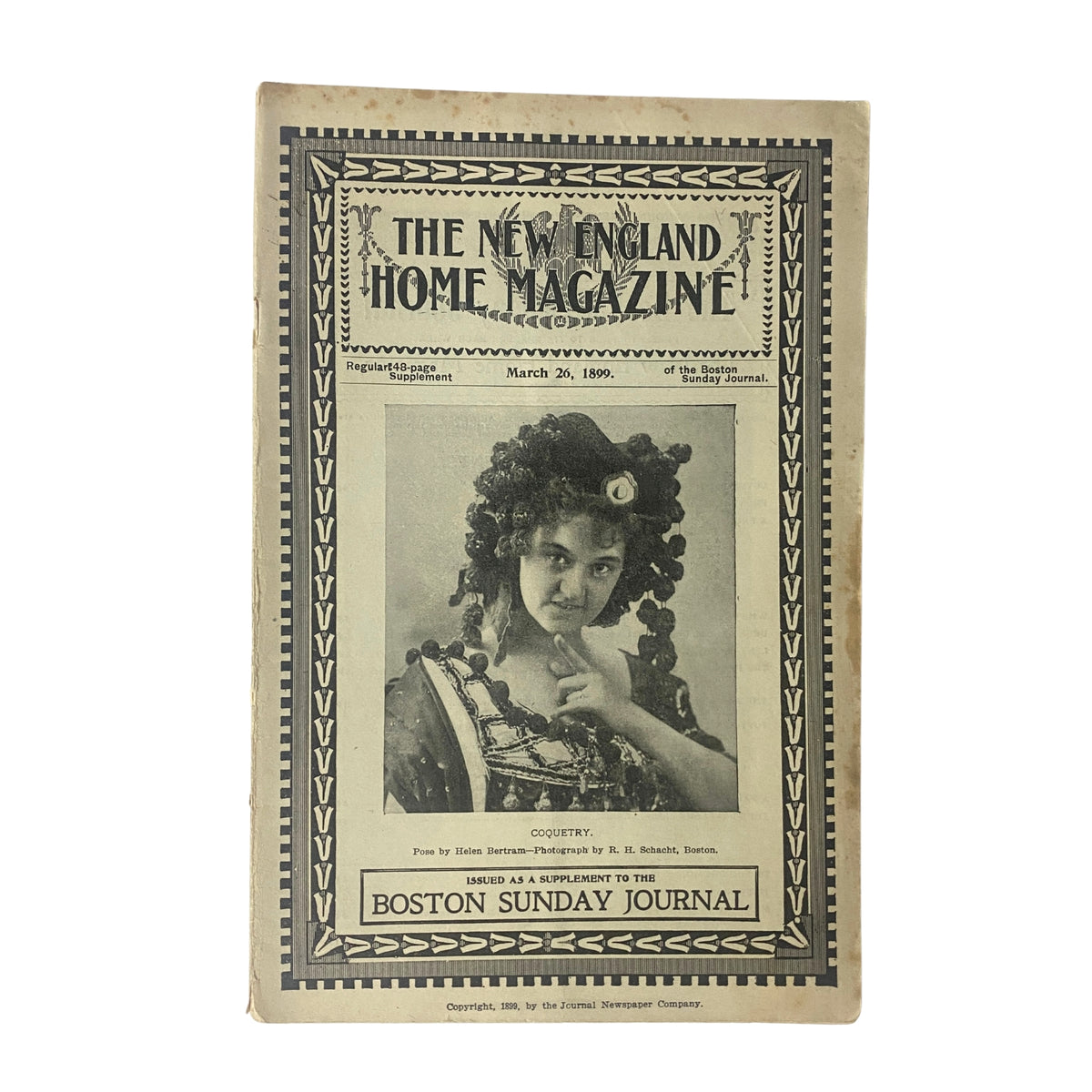 Cover of The New England Home Magazine, March 26, 1899, featuring the 'Coquetry' pose. The design includes ornate borders and the title prominently displayed, ideal for antique magazine collectors.
