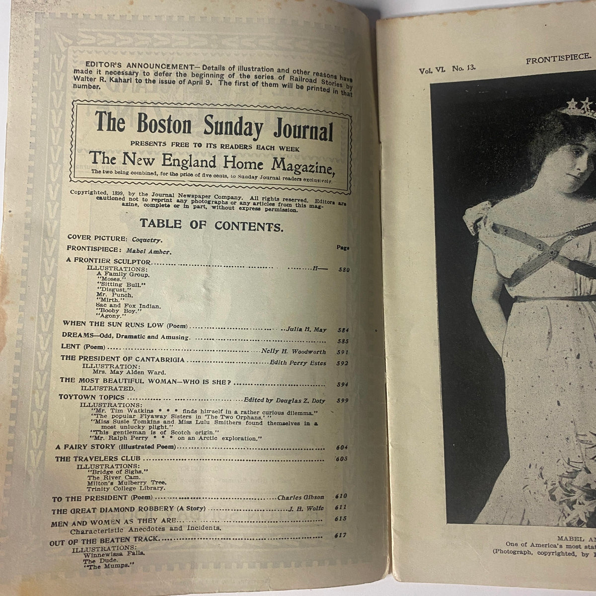 Interior page of The New England Home Magazine from March 26, 1899, featuring the 'Coquetry Pose' cover image and detailed table of contents including various articles and illustrations, capturing late 19th-century social interests.