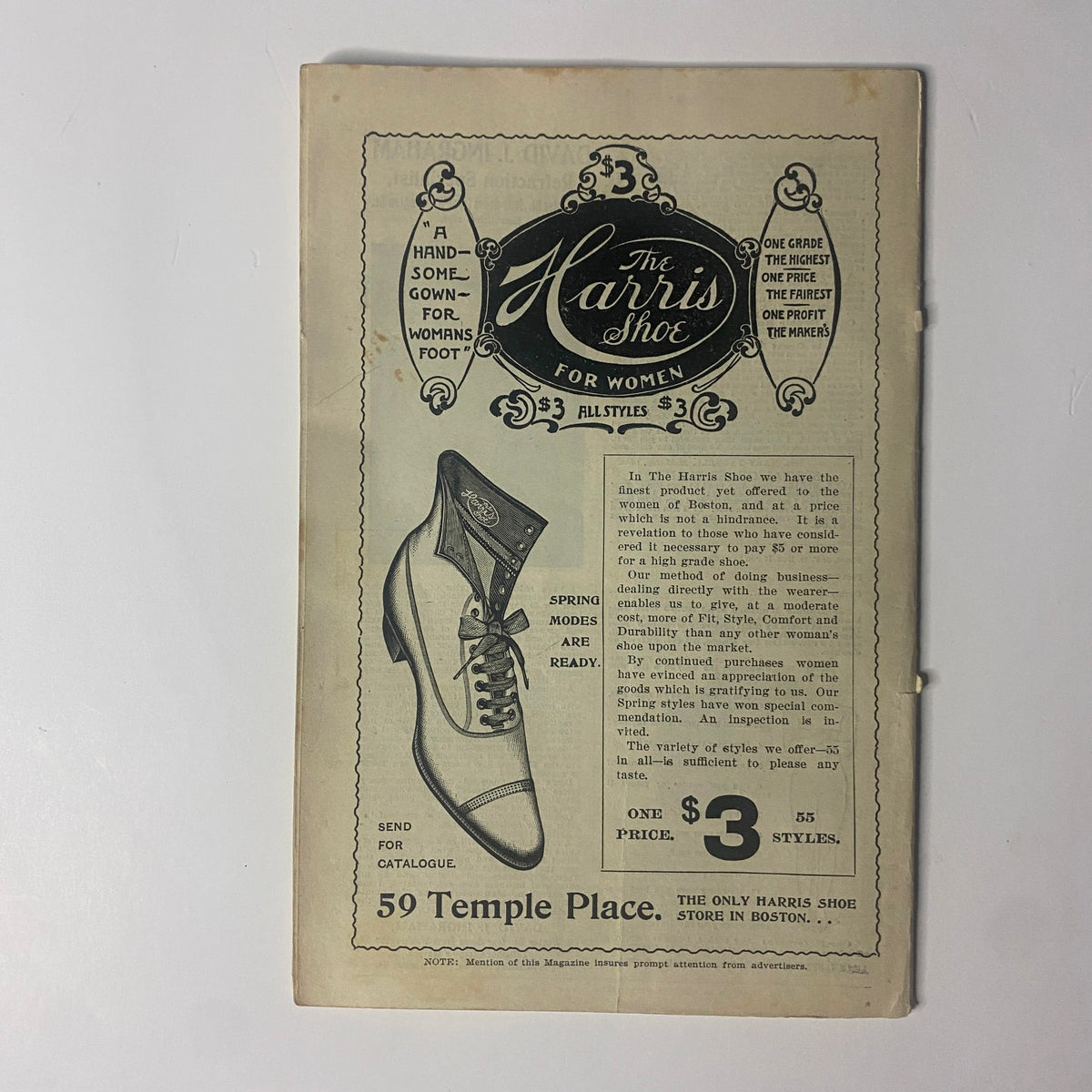 Advertisement page from The New England Home Magazine March 26, 1899, showcasing 'The Harris Shoe for Women' with a detailed shoe illustration and pricing information, reflecting contemporary fashion of the era.