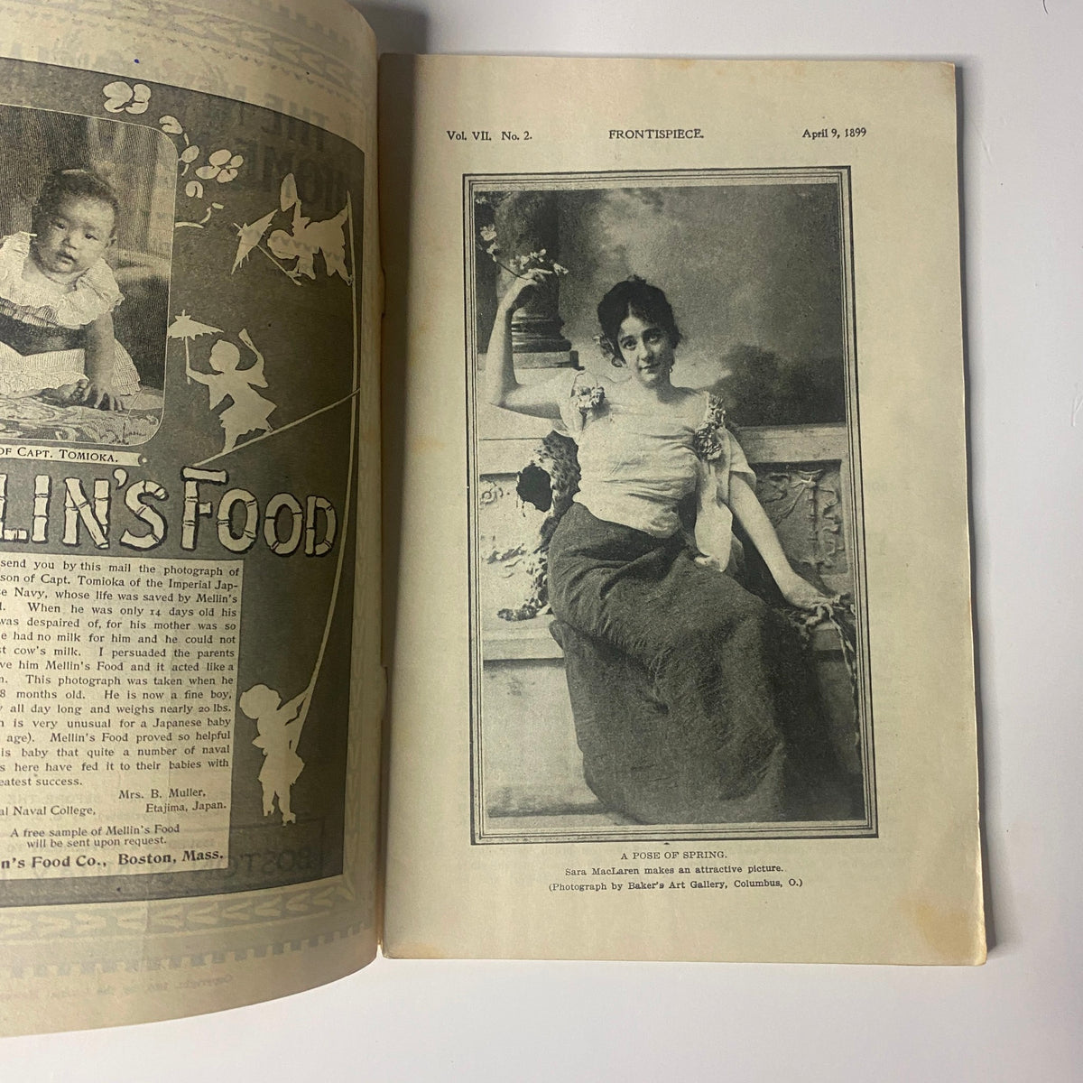 Interior page of The New England Home Magazine, April 9, 1899, showcasing a seasonal portrait titled A Pose of Spring, featuring Sara MacLaren, photographed by Baker's Art Gallery in Columbus, Ohio.