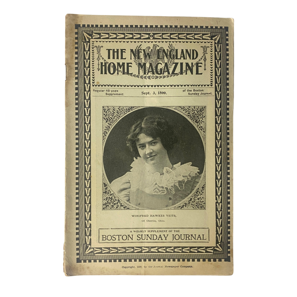 Cover of The New England Home Magazine, September 3, 1899 featuring a portrait of Winifred Hawkes Veits from Oberlin, Ohio.
