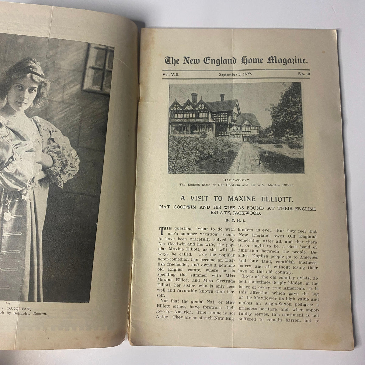 Inside page of The New England Home Magazine from September 3, 1899, showcasing a feature on the English estate Jackwood, home of Nat Goodwin and Maxine Elliott.