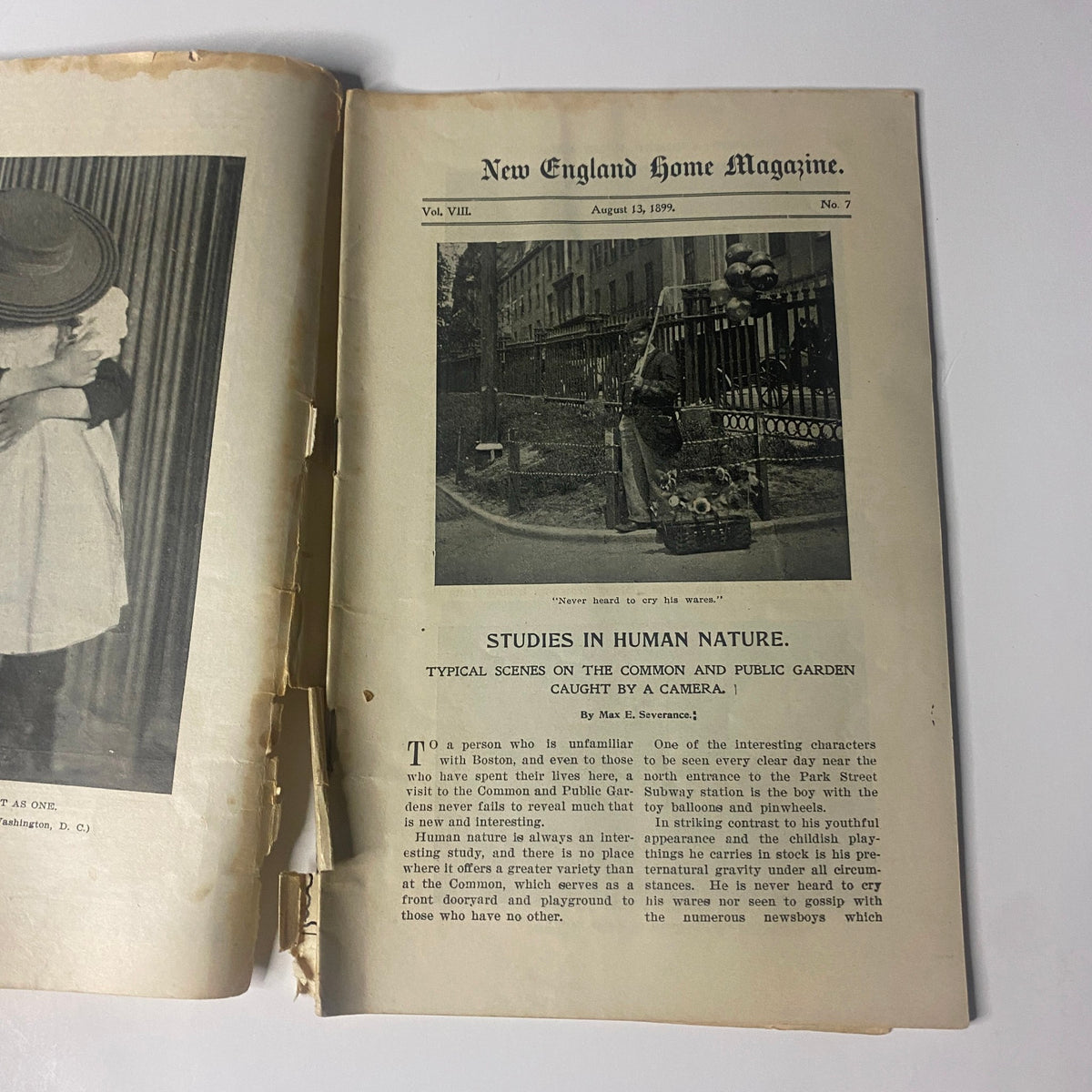 Interior page of The New England Home Magazine, August 13, 1899, displaying the article 'Studies in Human Nature' with typical scenes captured on the Boston Common.