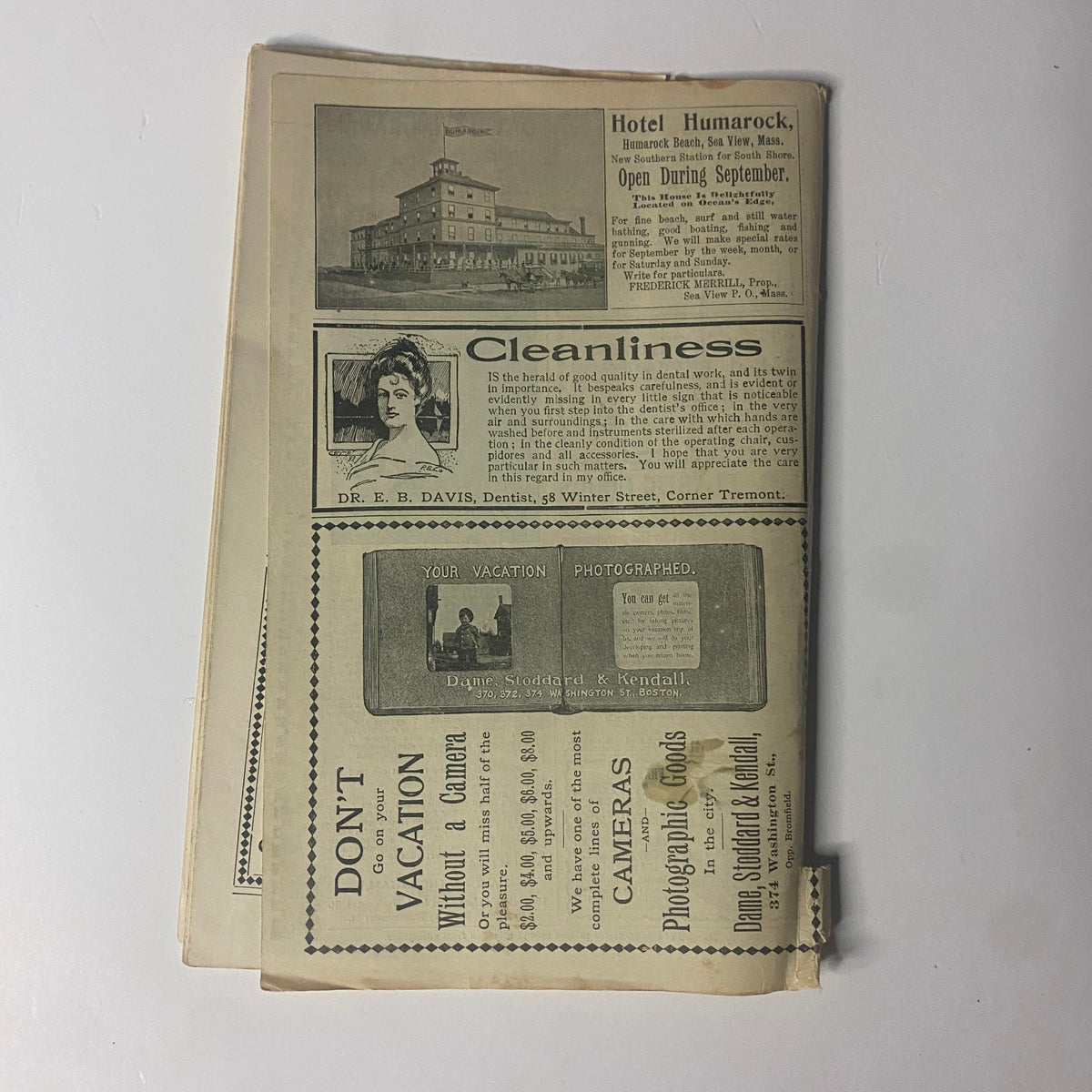 A vintage magazine page featuring ads and articles, including 'The New England Home Magazine August 13, 1899 Mary Mannering No Label', showcasing historic advertisements and the theme of cleanliness.