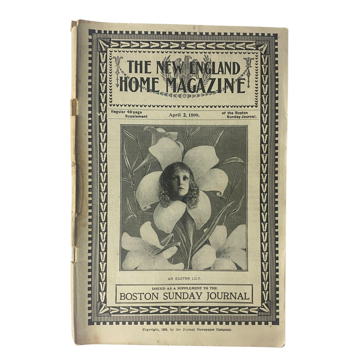 Cover of The New England Home Magazine from April 2, 1899, featuring the illustration titled 'An Easter Lily' and the Boston Sunday Journal label.