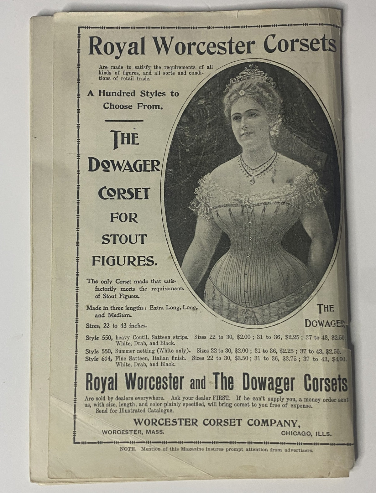 Advertisement for Royal Worcester Corsets from The New England Home Magazine, April 2, 1899, highlighting styles from The Dowager Corset line.