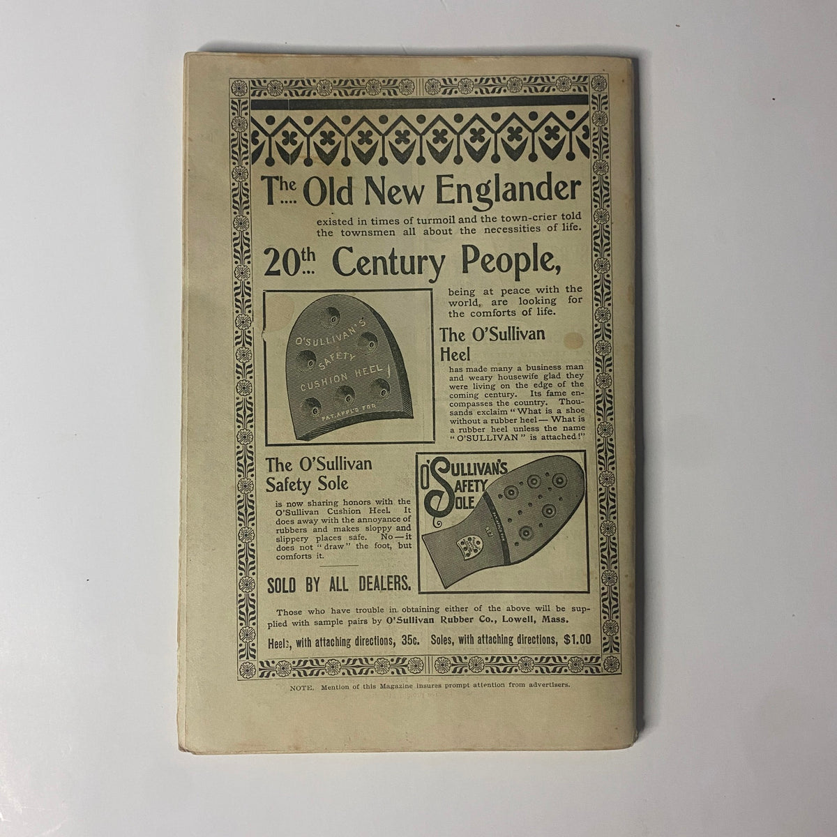 Back cover of The New England Home Magazine dated September 24, 1899, displaying advertisements for O'Sullivan Safety Sole shoes.