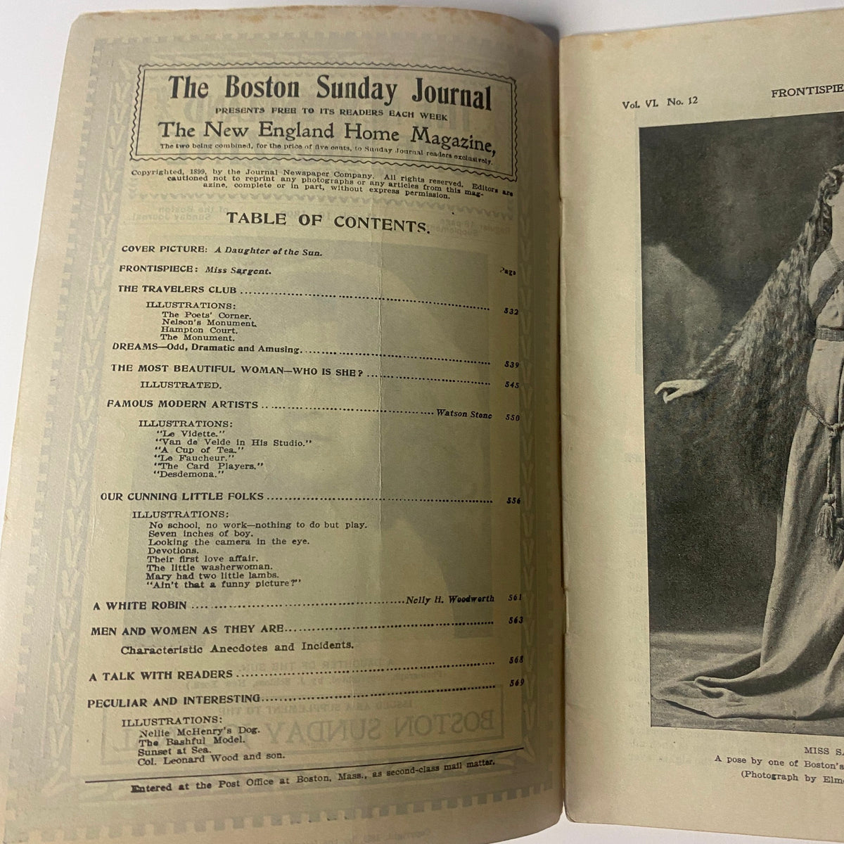 Inside page of The New England Home Magazine, March 19, 1899, displaying the table of contents and articles including 'The Travelers Club' and 'Dreams—Odd, Dramatic and Amusing.'