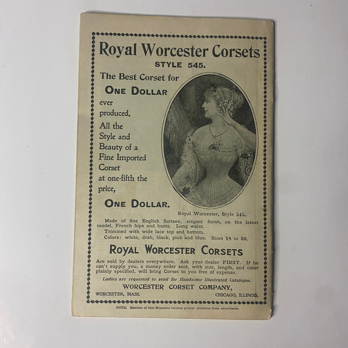 Advertisement for Royal Worcester Corsets on the back cover of The New England Home Magazine, March 19, 1899, highlighting style 545 and promoting corsets at an affordable price.