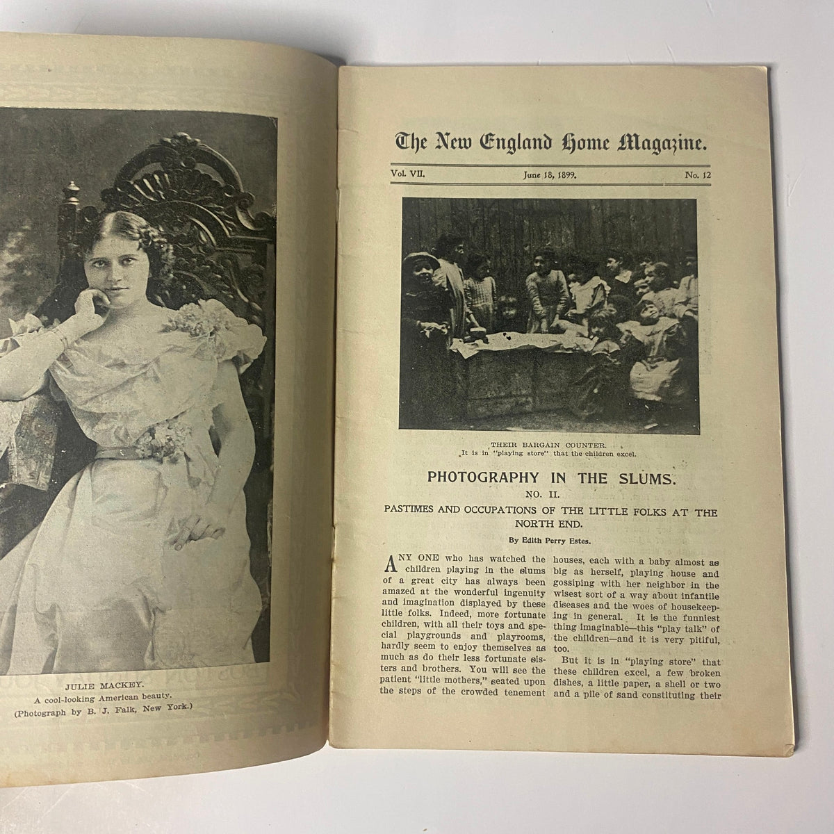Interior page of The New England Home Magazine from June 18, 1899, showcasing an article titled 'Photography in the Slums' with images depicting children's pastimes in the North End.