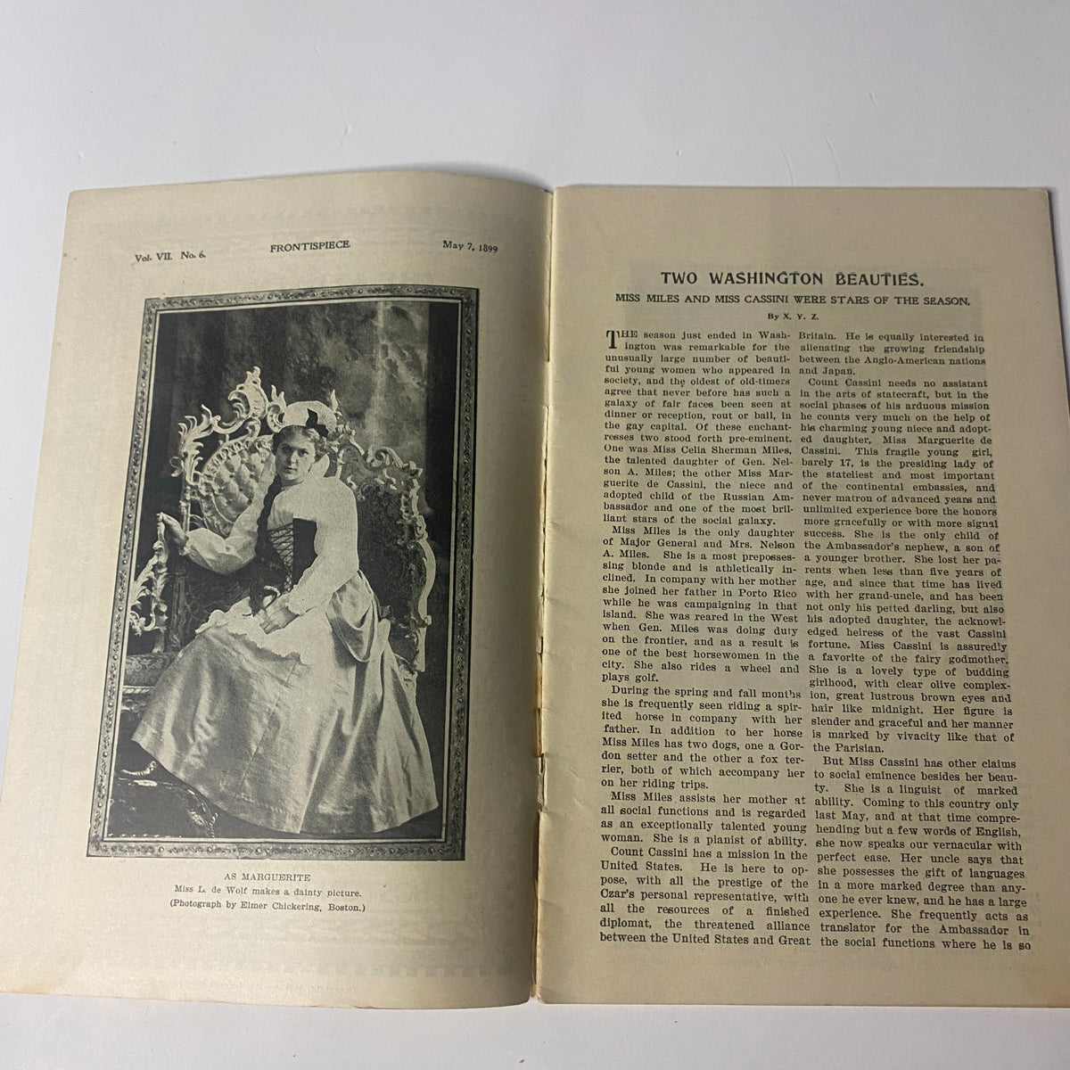 The New England Home Magazine May 7, 1899 featuring a photograph of Miss L. de Wolf as Marguerite, showcasing antique portrait photography and Gilded Age elegance.