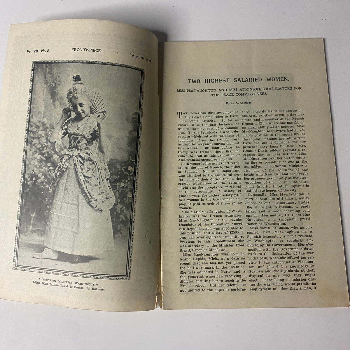 Portrait of Alice Thill featured in The New England Home Magazine, April 30, 1899, showcasing elegant Gilded Age fashion and photography.