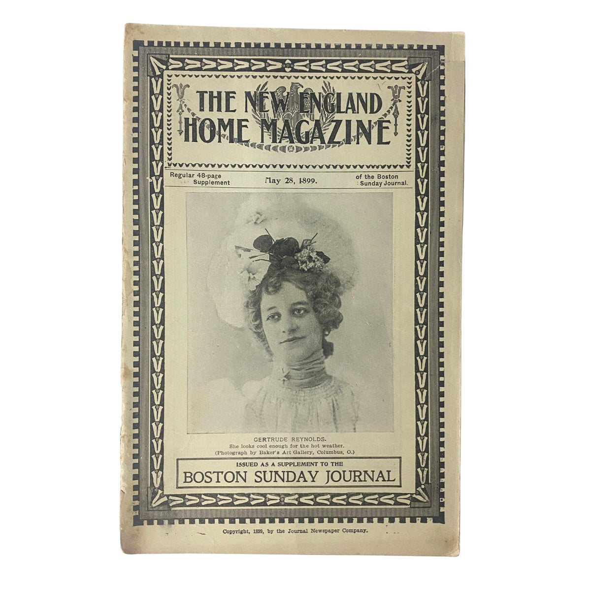 Cover of The New England Home Magazine from May 28, 1899, featuring a portrait of Gertrude Reynolds, a supplement to the Boston Sunday Journal.