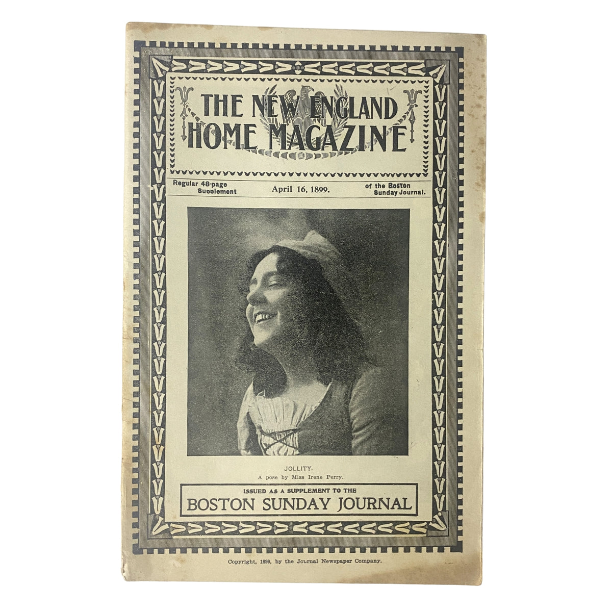 Cover of The New England Home Magazine from April 16, 1899 featuring the portrait 'Jollity' by Irene Perry, smiling woman, published as a supplement to the Boston Sunday Journal.