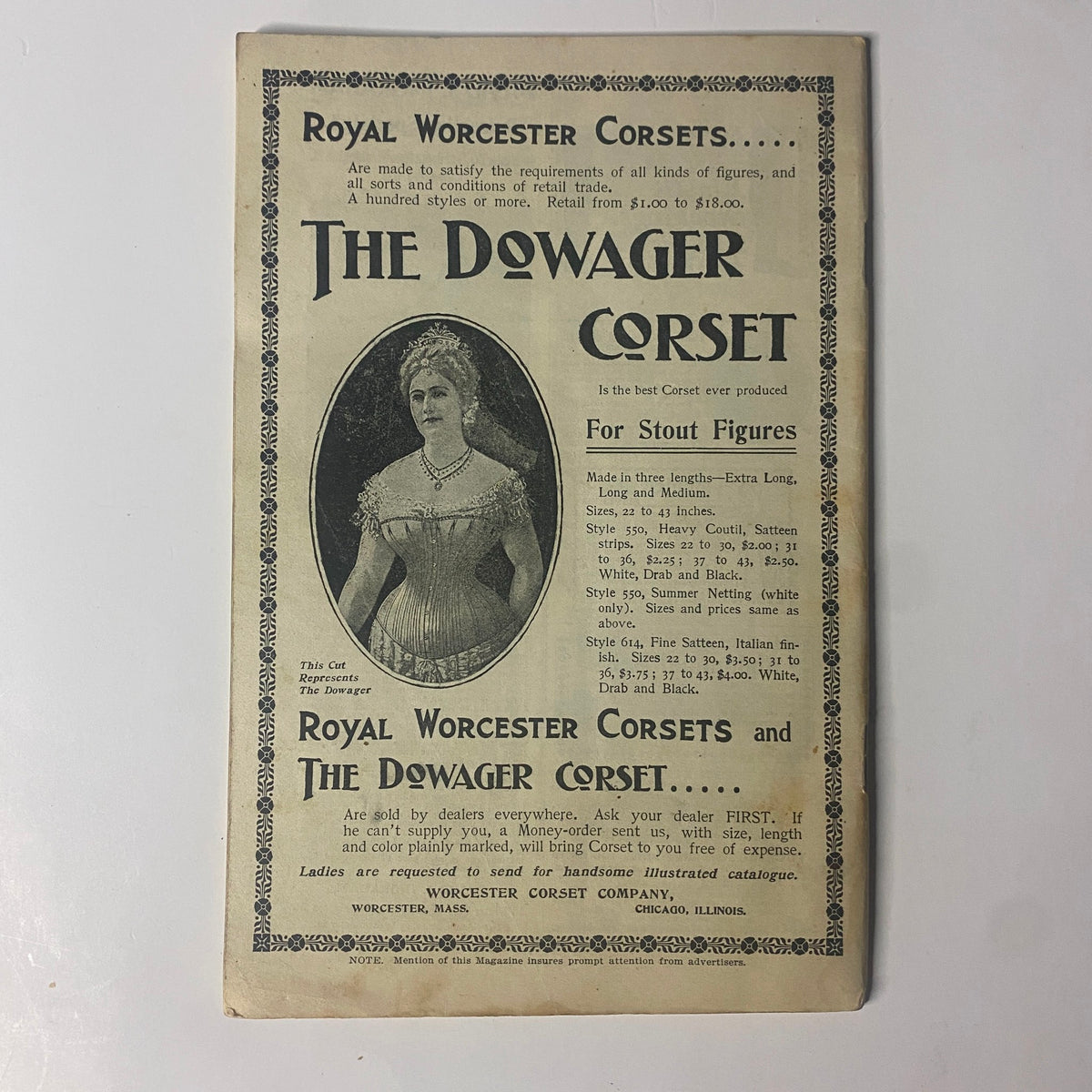 Advertisement for Royal Worcester Corsets found in The New England Home Magazine, April 16, 1899, highlighting the Dowager Corset designed for stout figures.
