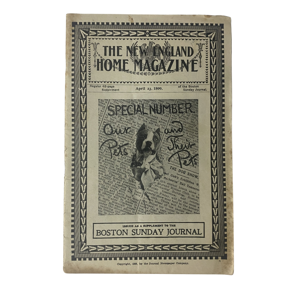 Cover of The New England Home Magazine, April 23, 1899, featuring the title 'Our Pets and Their Pets'. The magazine has a vintage style with handwritten notes and is labeled as a supplement to the Boston Sunday Journal.
