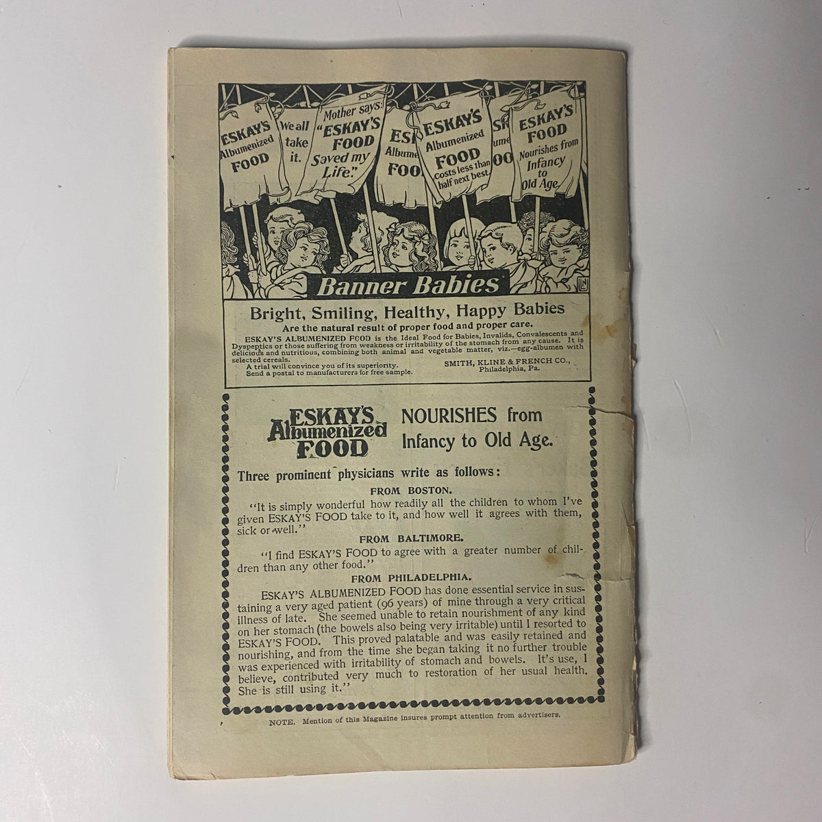 The back page of The New England Home Magazine from May 21, 1899, promoting 'Eskay's Albuminized Food' with a focus on bright, smiling babies, emphasizing healthy nutrition for infants and children.