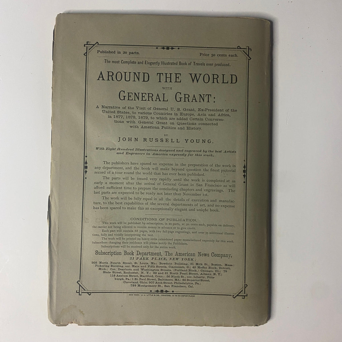 The back cover of 'Around the World with General Grant' by John Russell Young, featuring publication details and pricing information, highlighting the historical significance of the book.