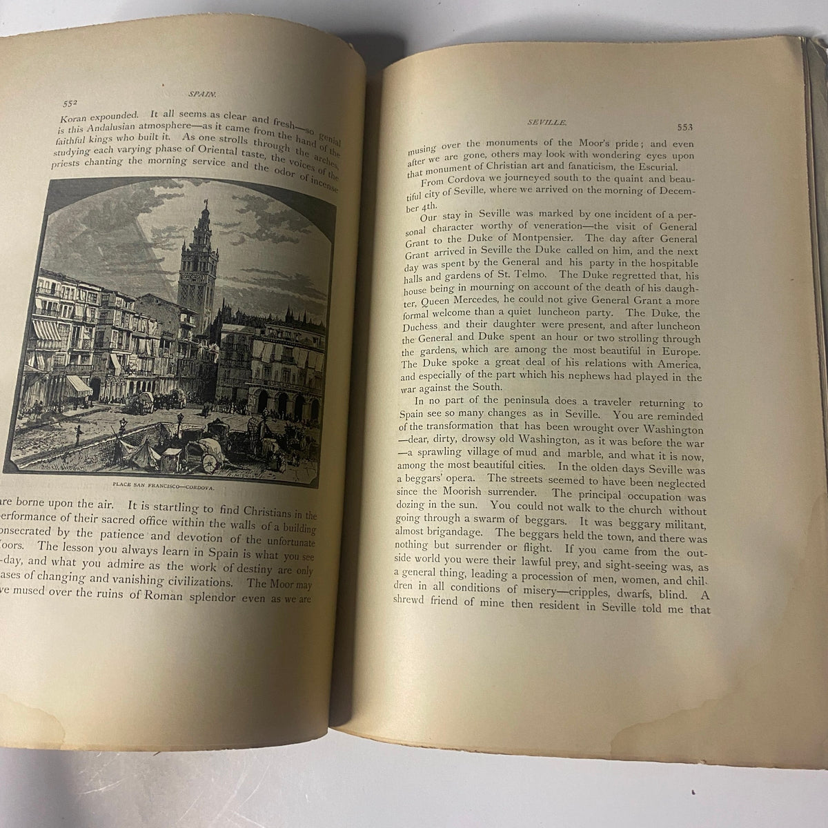 Illustration from 'Around the World with General Grant' by John Russell Young showing a historical scene in Seville with descriptions related to the city's cultural significance.