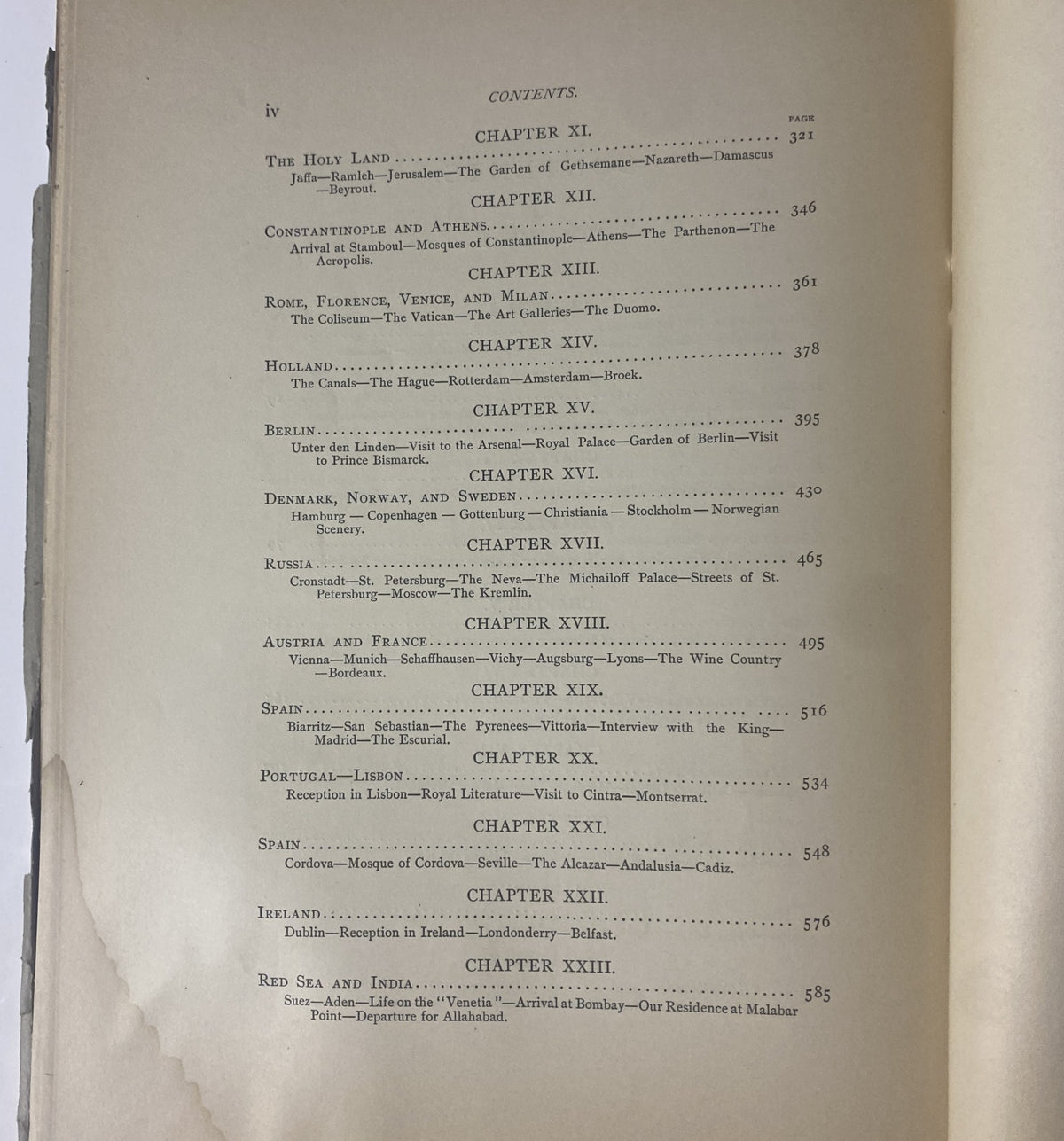 Table of contents page from 'Around the World with General Grant' by John Russell Young, listing chapters including The Holy Land, Constantinople, and Spain.
