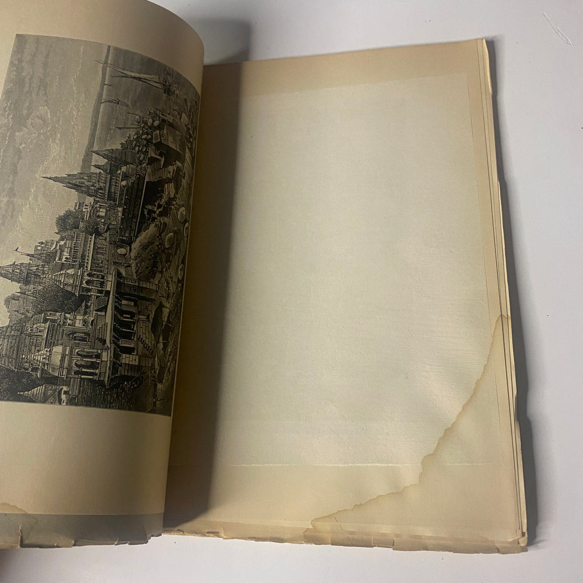 Interior view of 'Around the World with General Grant' Book by John Russell Young, showcasing an unillustrated page with a torn edge.