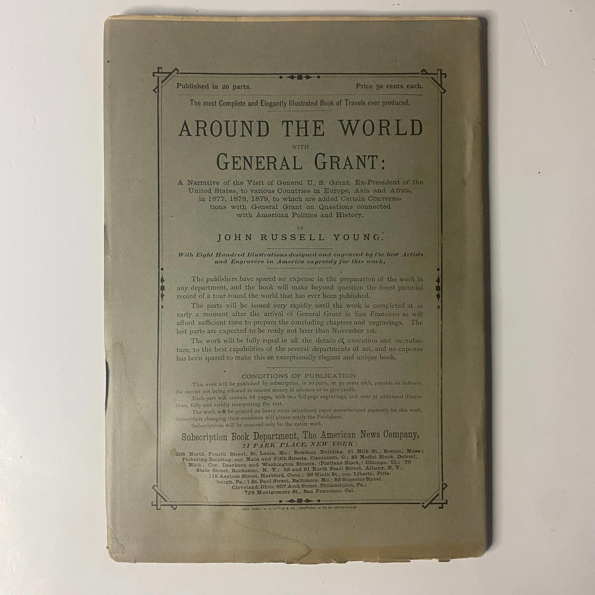 Cover page of 'Around the World with General Grant' Book by John Russell Young, detailing the publication information and illustrations by prominent artists.