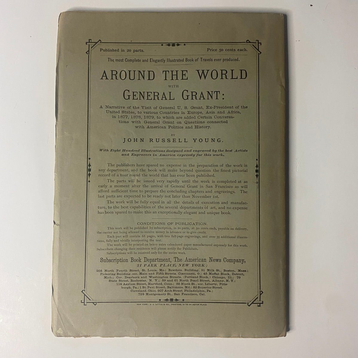 Cover page of 'Around the World with General Grant' by John Russell Young, detailing a narrative of General U.S. Grant's travels, priced at 50 cents, published by the American News Company.