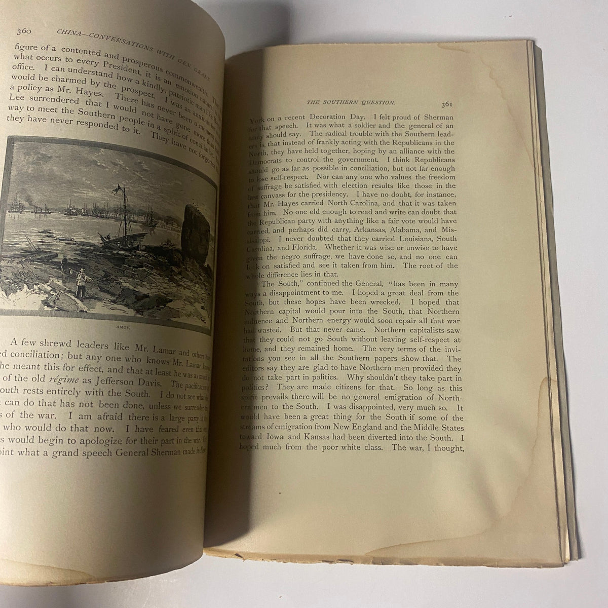 Interior page of "Around the World with General Grant - Book by John Russell Young, Part Sixteen" featuring text and an illustration related to a discussion on U.S. politics.
