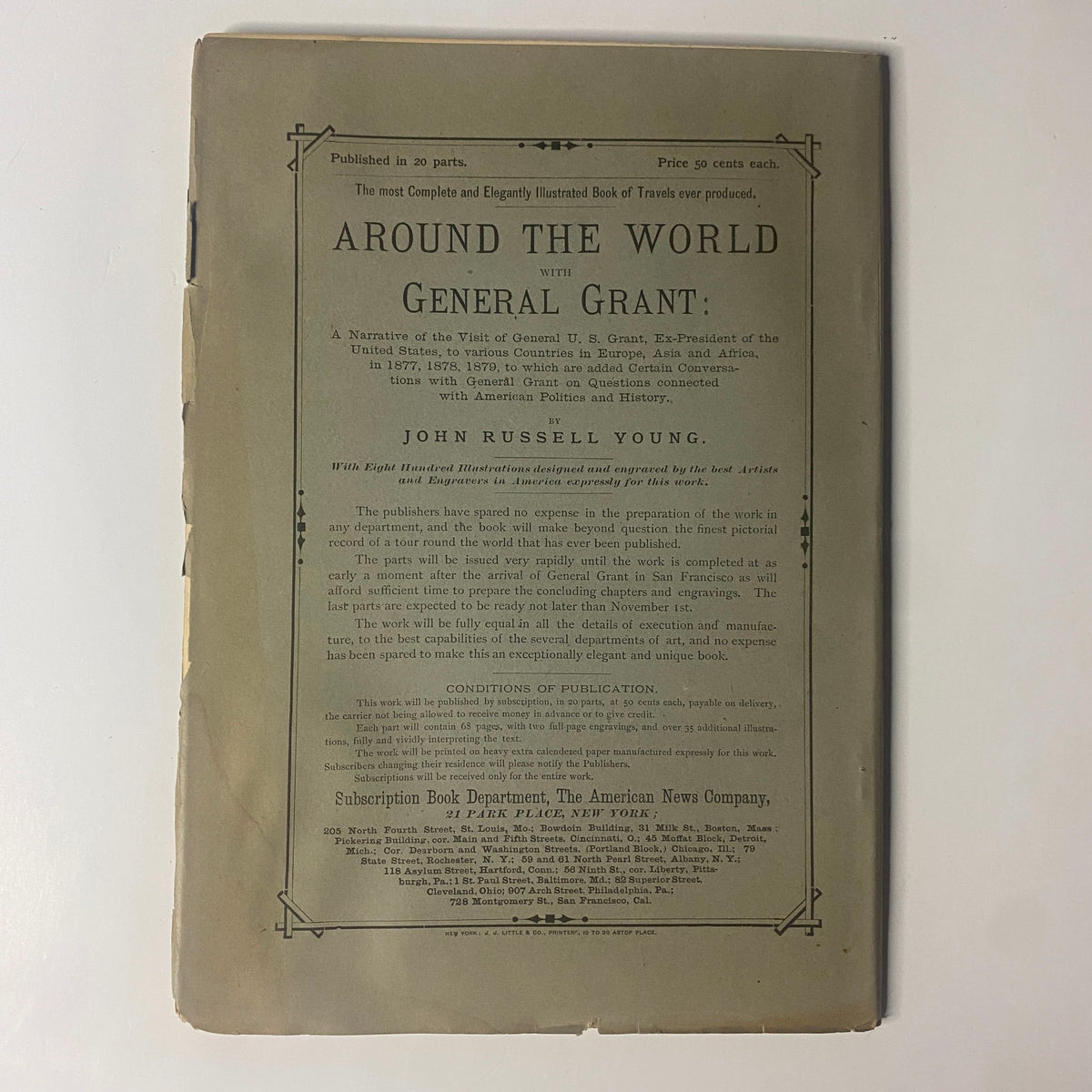 Back cover of 'Around the World with General Grant' Book by John Russell Young. The back cover contains publication details and information about the book's narrative on General Grant’s world journeys.