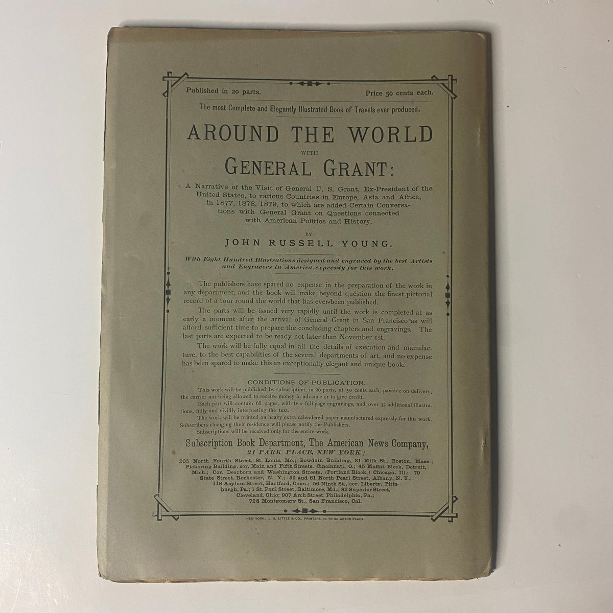 Back cover of 'Around the World with General Grant – Book by John Russell Young, Part Six', detailing publication information and additional notes.