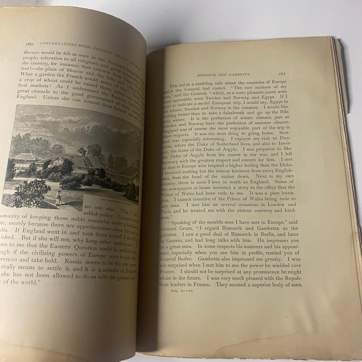 Interior page of 'Around the World with General Grant' showing a narrative about General Grant's travels, complete with an illustration depicting a scenic view.
