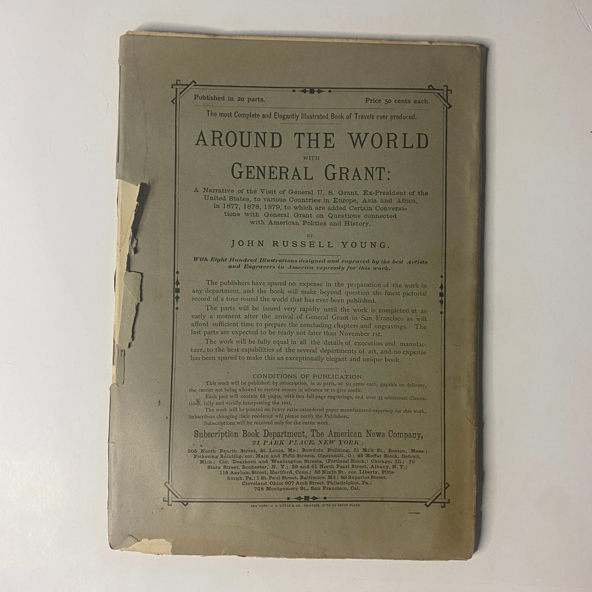 Back cover of 'Around the World with General Grant' detailing the publication information and condition of the book by John Russell Young.