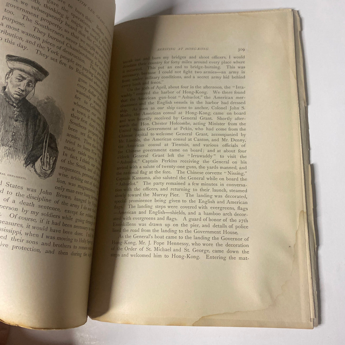 Interior page from 'Around the World with General Grant' by John Russell Young, featuring an illustration and text regarding General Grant's travels.