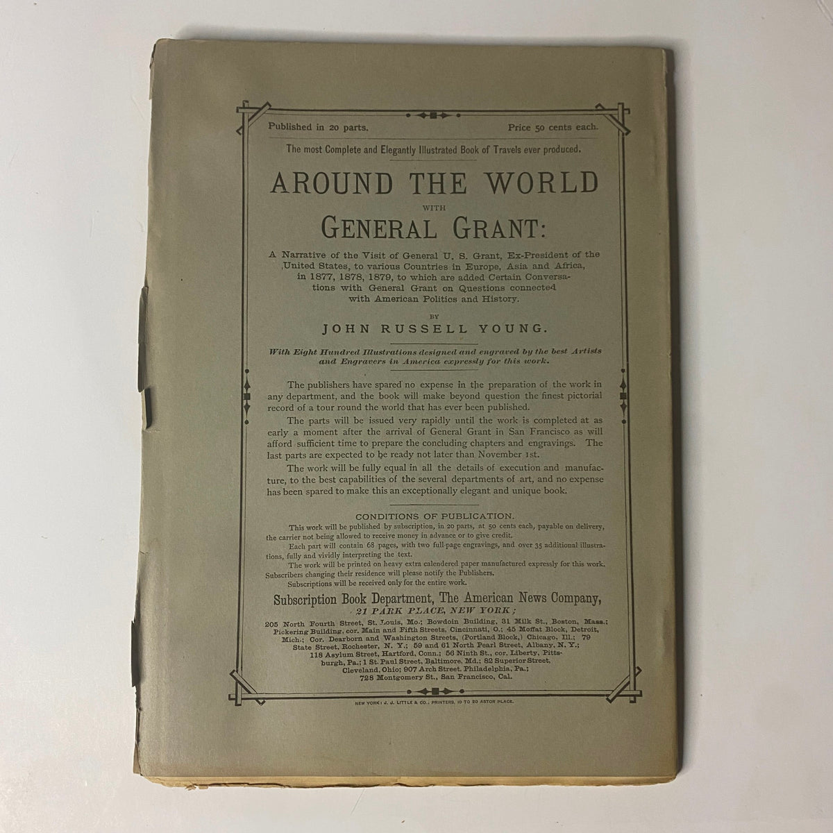 Cover page of 'Around the World with General Grant' by John Russell Young, detailing the narrative of General Grant's travels with illustrated elements.