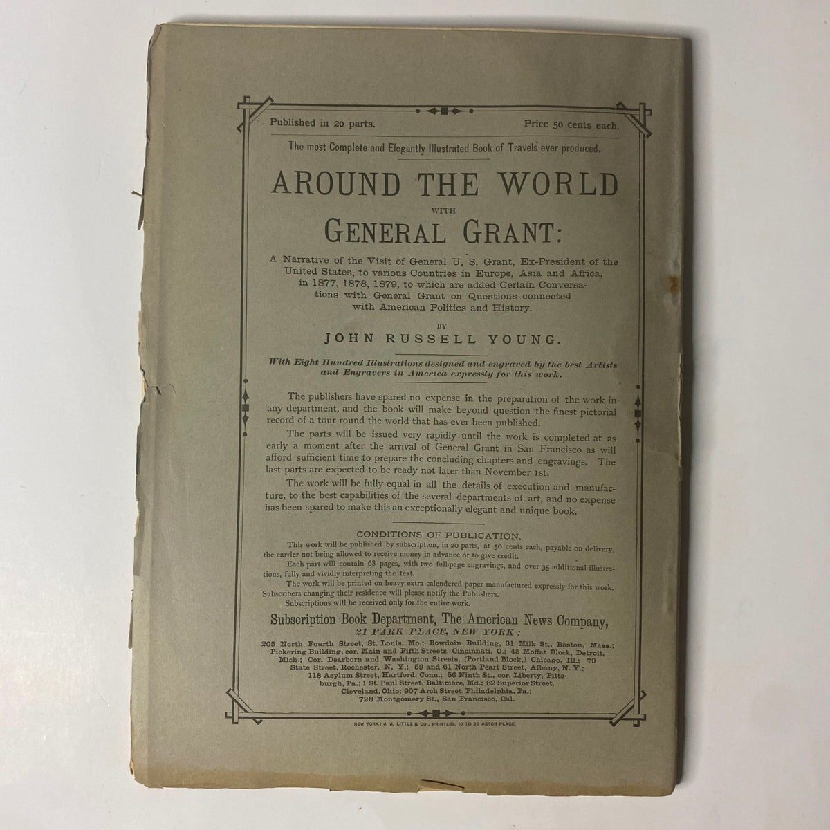 Back cover of 'Around the World with General Grant' by John Russell Young, Part Nineteen, detailing publication information and subscription details.