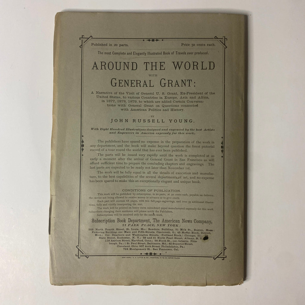 Cover page of 'Around the World with General Grant' by John Russell Young, featuring a detailed description of the book's content and publication information, aimed at collectors and historians.
