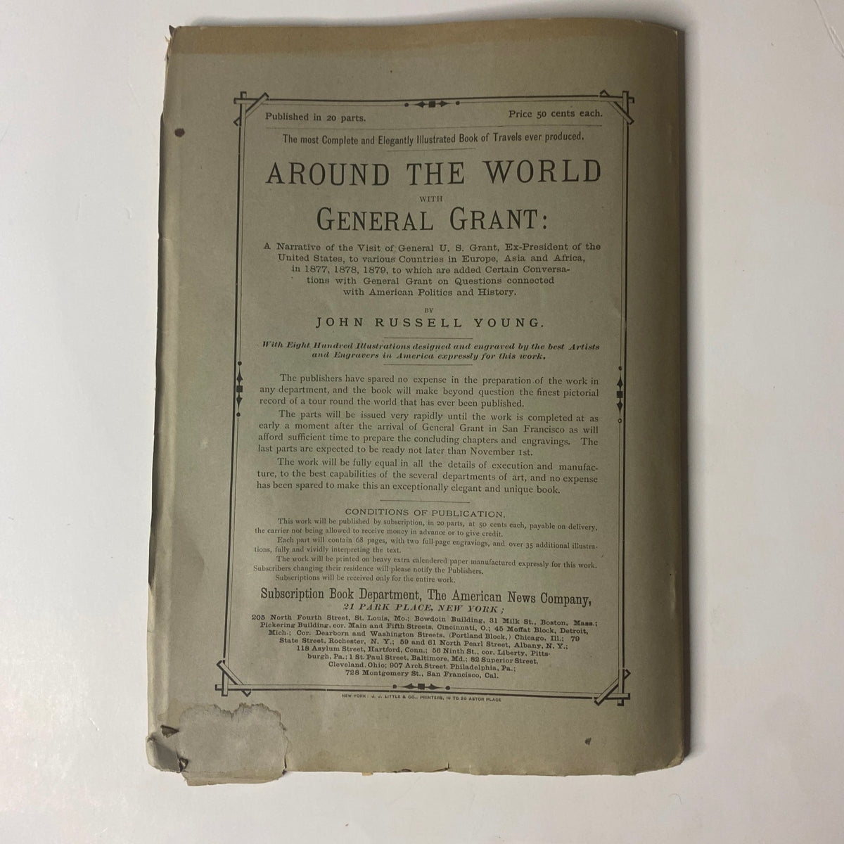 Cover page of 'Around the World with General Grant – Book by John Russell Young, Part Four' featuring a detailed description of General Ulysses S. Grant's travels from 1877 to 1879. The cover includes decorative elements and highlights the book's historical significance with notable illustrations.