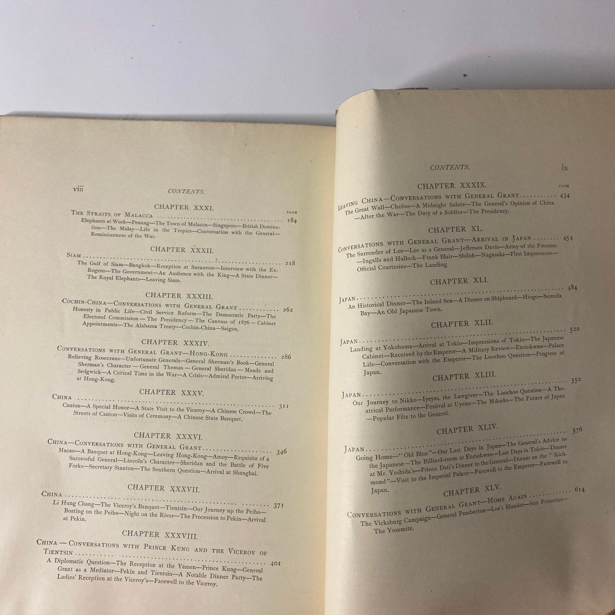 Table of contents from Around the World with General Grant Book by John Russell Young, highlighting chapters and page numbers.