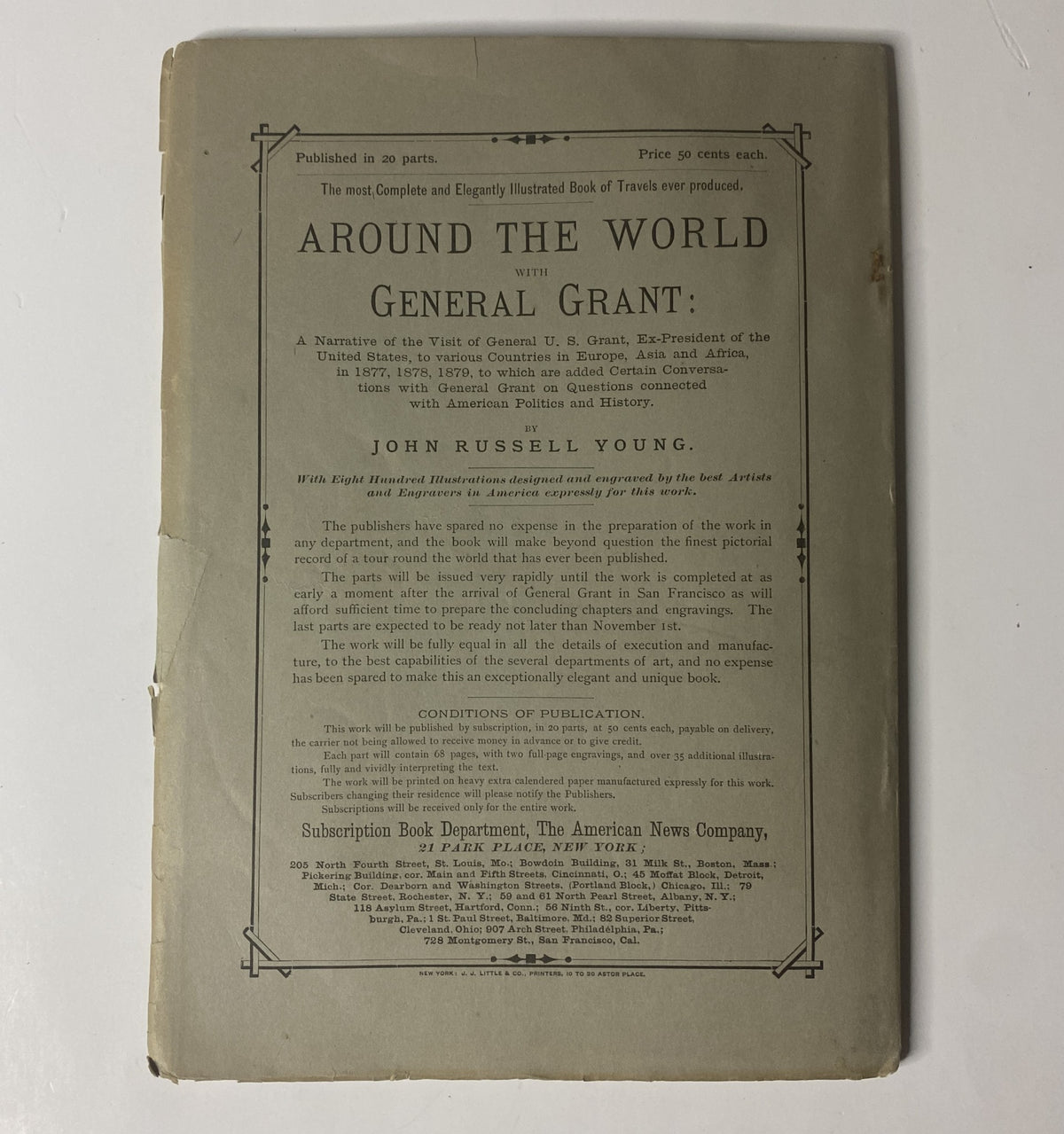 Cover page of 'Around the World with General Grant' Book by John Russell Young, showcasing a vintage design and detailing the narrative of General Grant's travels post-presidency.