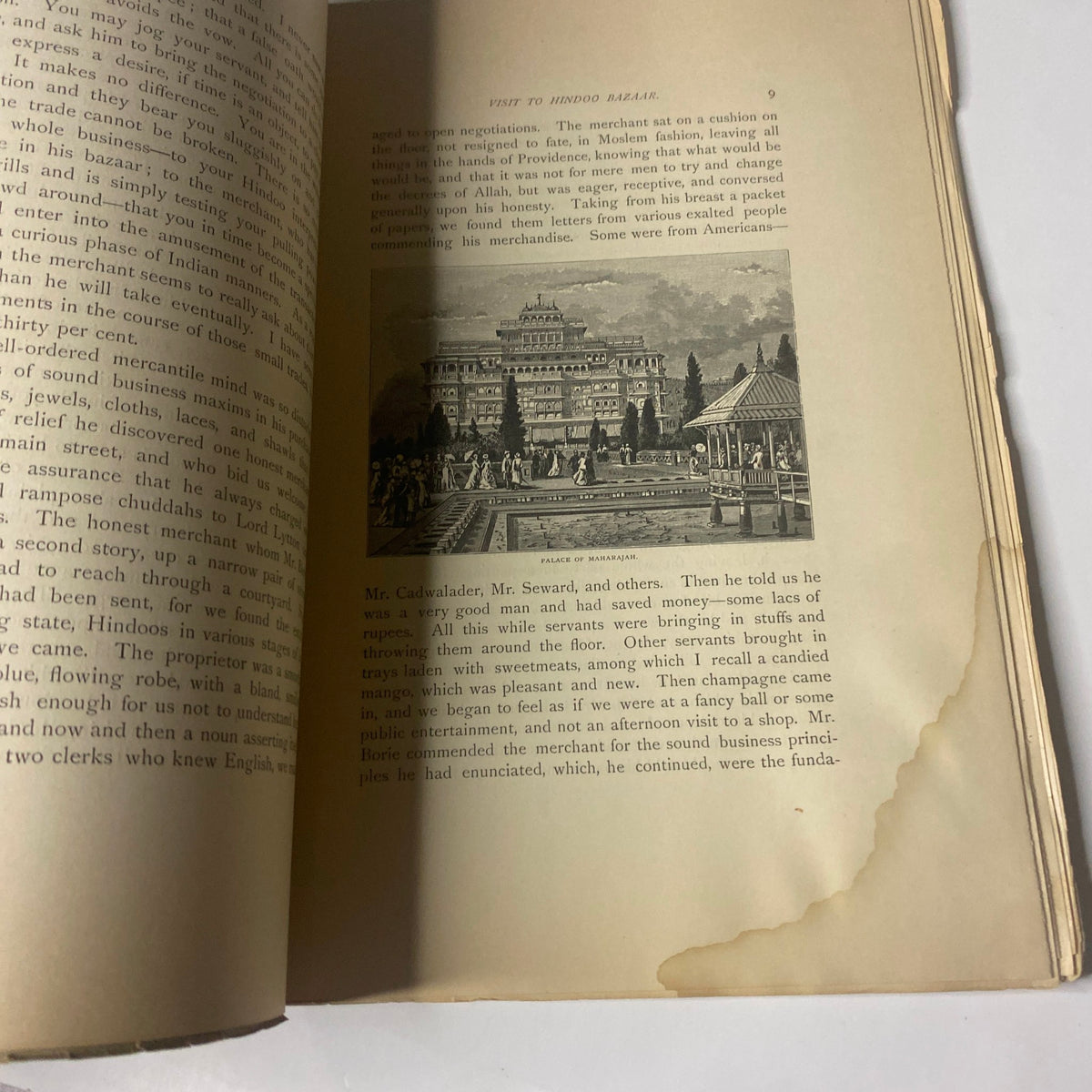 Illustrated page depicting a visit to Hindoo Balra, from 'Around the World with General Grant Book by John Russell Young, Part Eleven' showcasing architecture and cultural commentary.