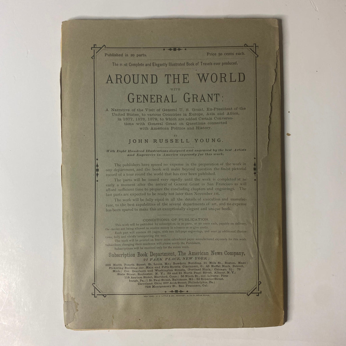 Cover page of 'Around the World with General Grant' Book by John Russell Young, featuring the title prominently and details about the narrative of General Grant's travels across Europe, Asia, and Africa from 1877-1879.