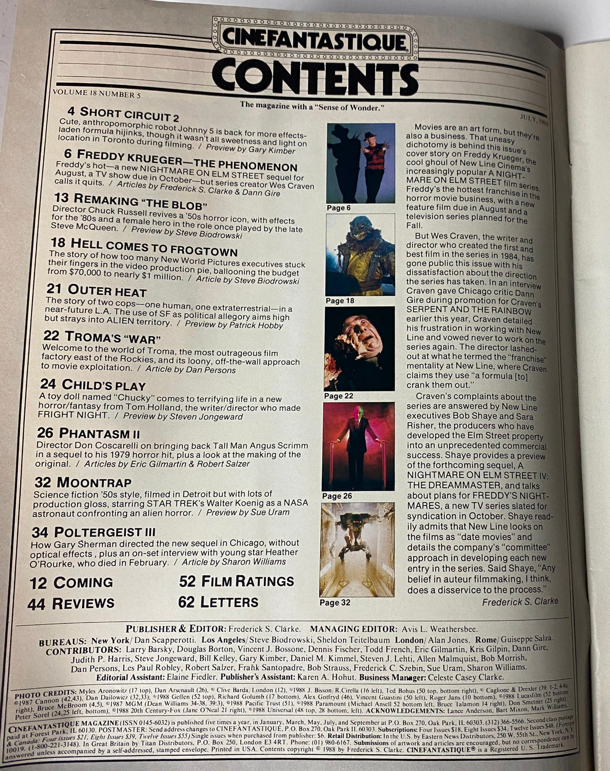 Contents page of Cinefantastique Magazine July 1988, listing articles including Freddy Krueger, Short Circuit 2, and remaking The Blob.