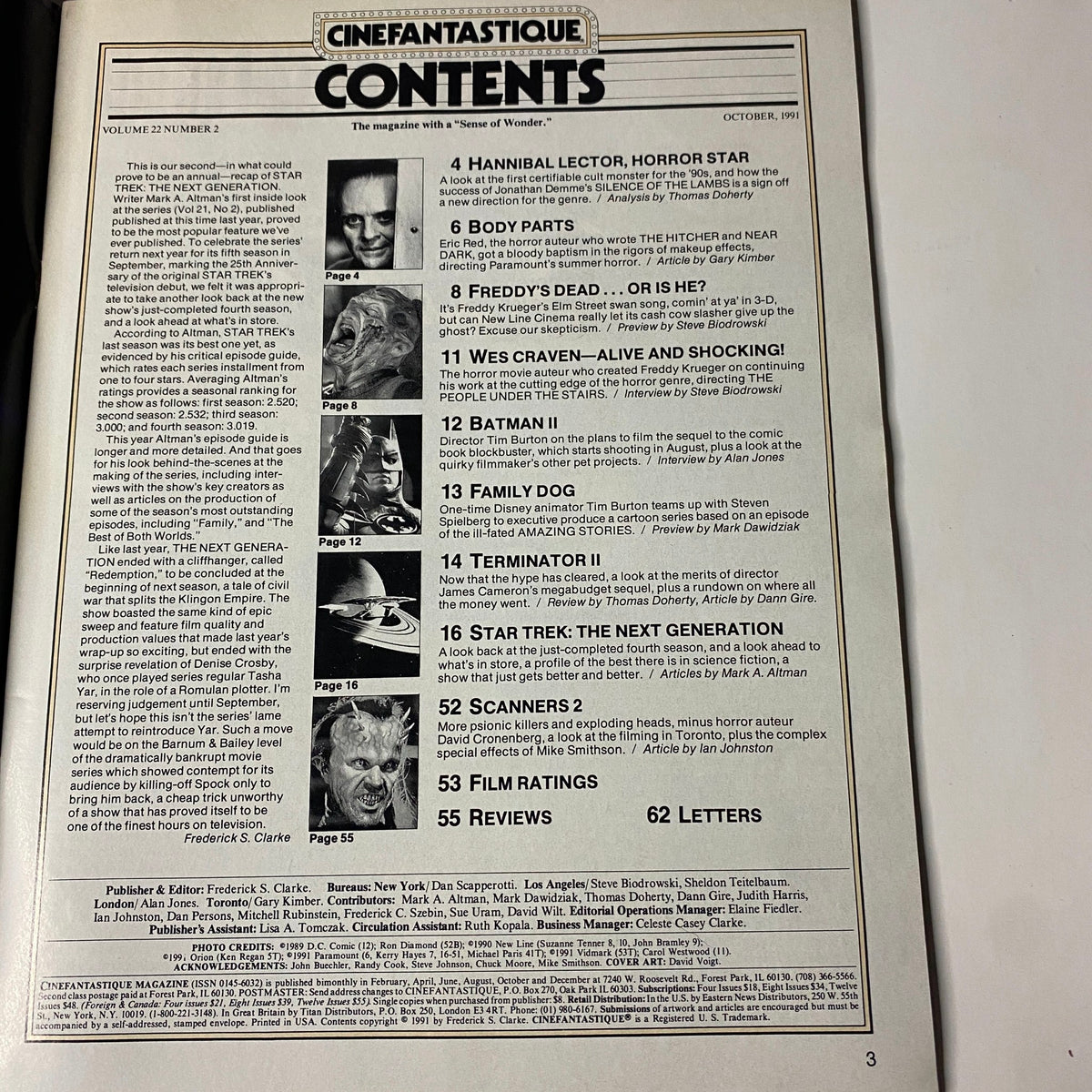 Interior page of Cinefantastique Magazine October 1991 showing the table of contents, including articles on Star Trek: The Next Generation, Hannibal Lector, Batman II, and more.