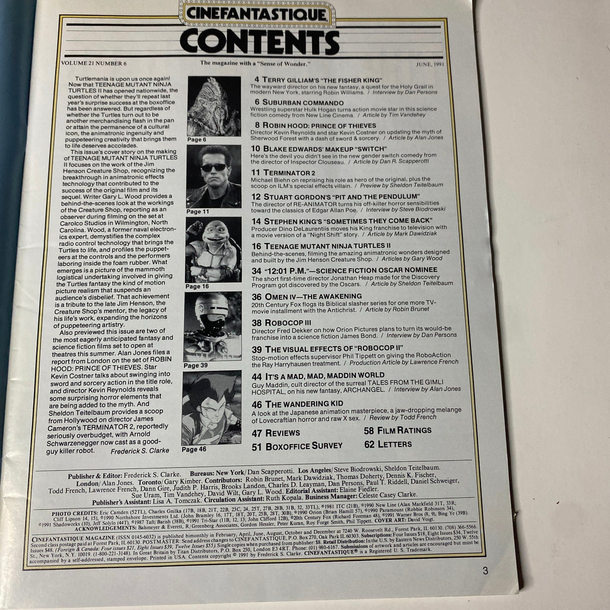 Cinefantastique Magazine June 1991 contents page listing articles including Teenage Mutant Ninja Turtles II, Robin Hood: Prince of Thieves, and Terminator 2.