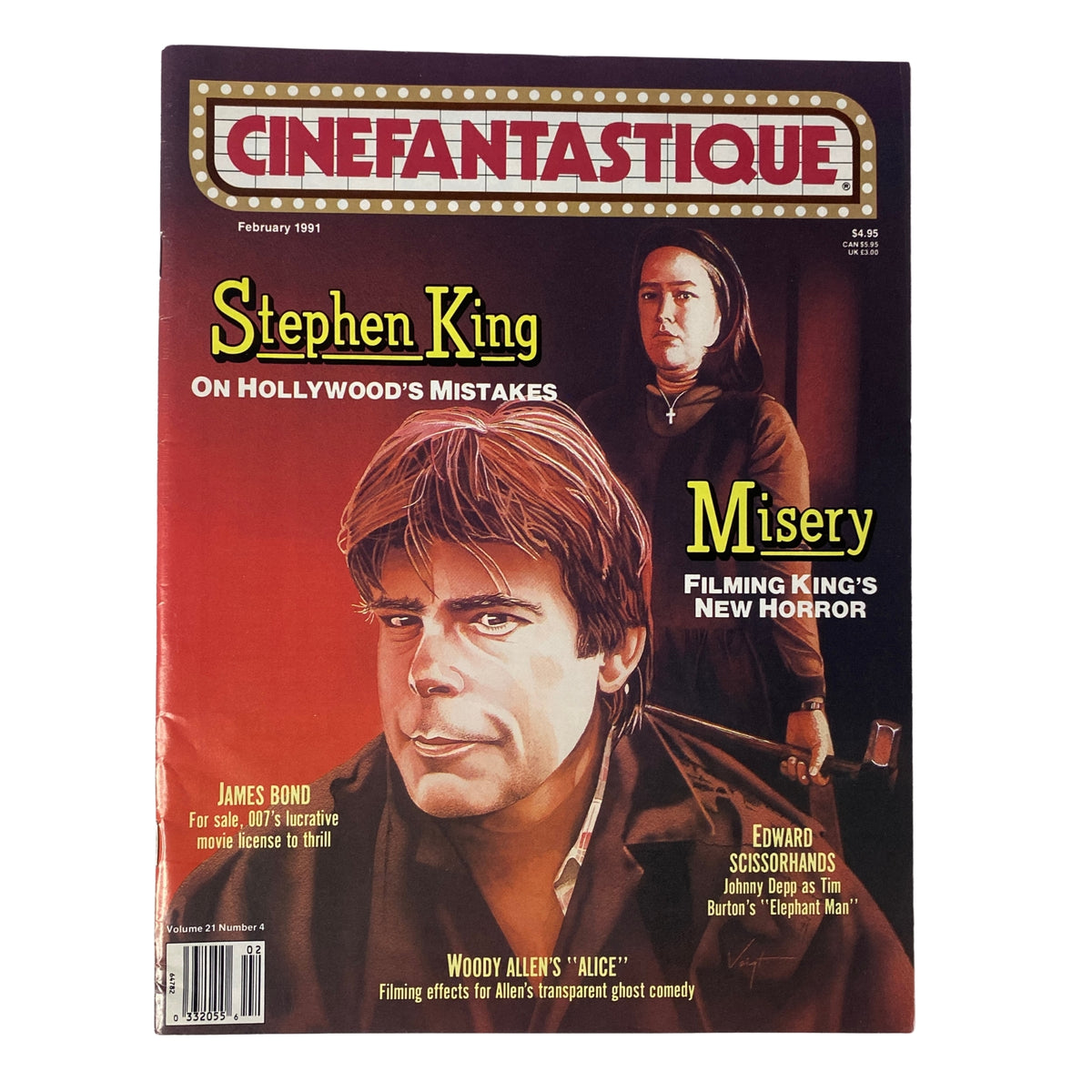 Cinefantastique Magazine February 1991 cover featuring Stephen King, a focus on his film adaptation 'Misery', and associated content on Hollywood's mistakes and James Bond.