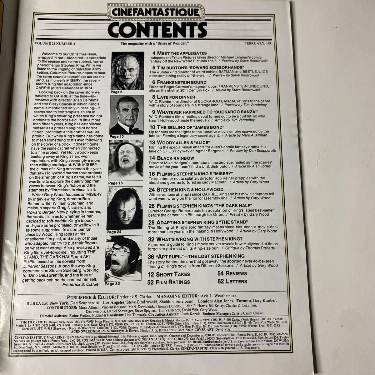 Cinefantastique Magazine February 1991 contents page detailing articles including 'Filming Stephen King's Misery' and other features related to cinema and adaptations.